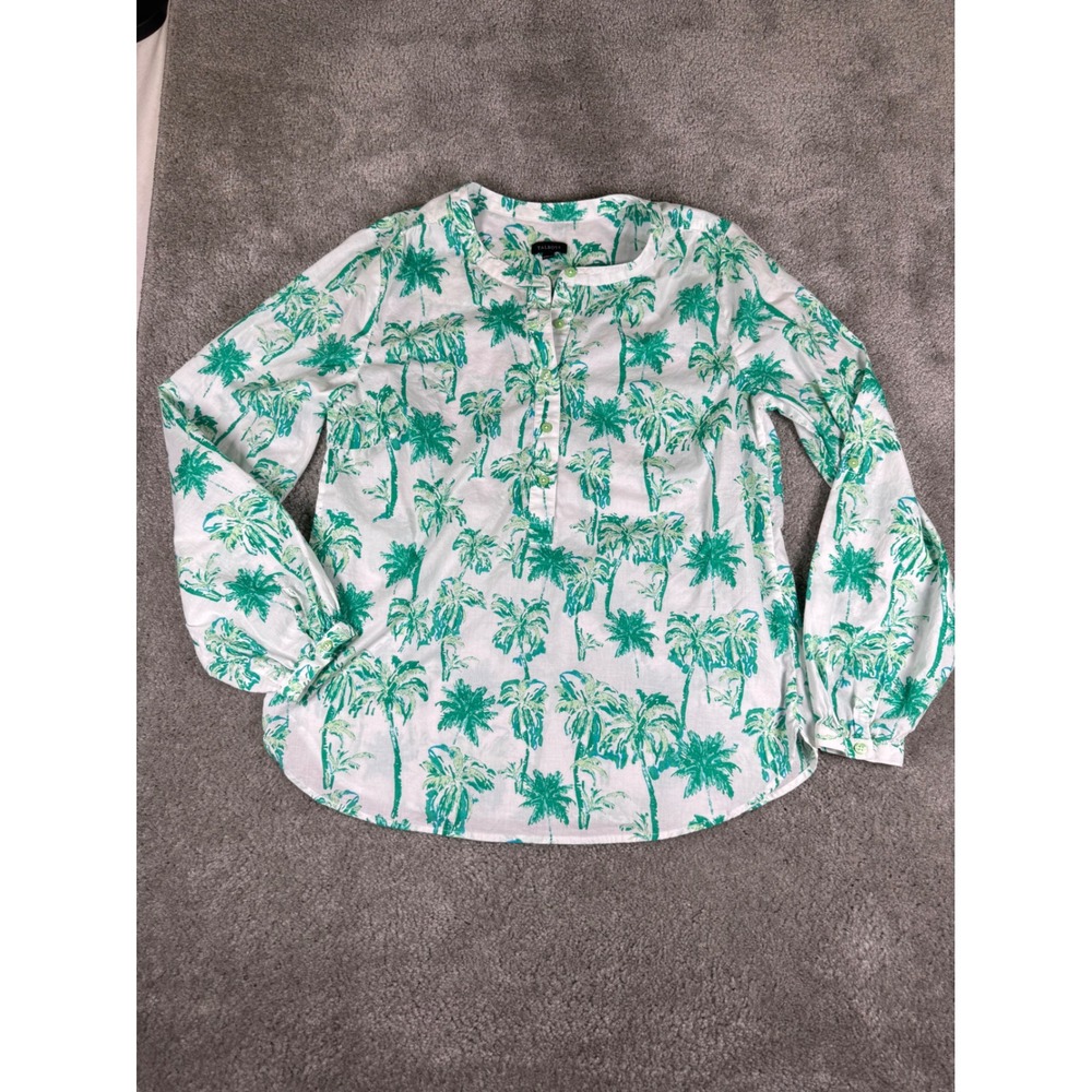 Talbots Womens Small Green White Palm Tree Print Cotton Button Down Blouse 1505